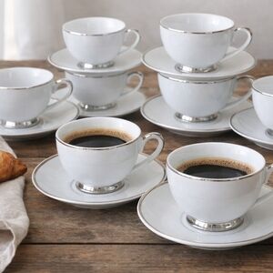 White Porcelain Coffee Cup and Saucer Set with Silver Trim
